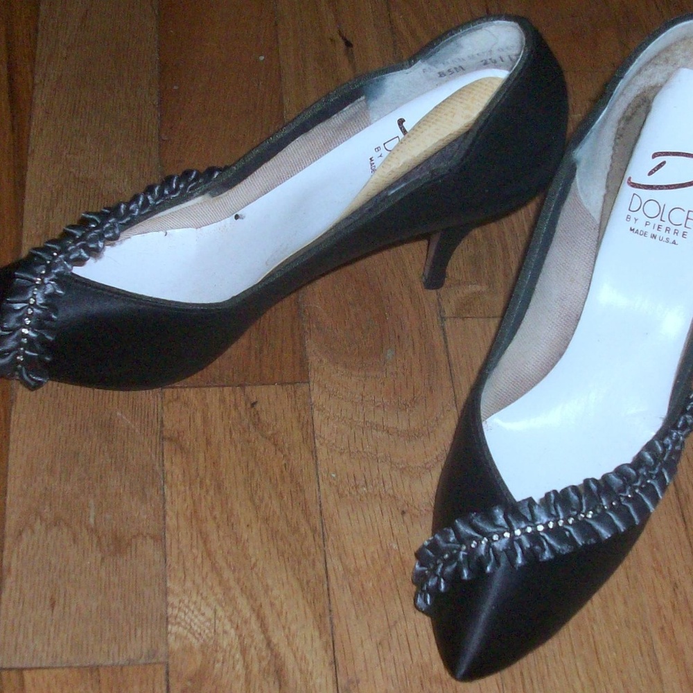 4 FOR $40~Black Satin Ruffled Rhinestone Heels- - Picture 4 of 8